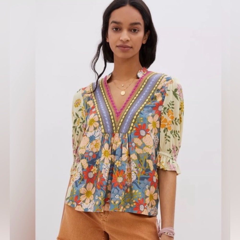 Anthropologie Bl^nk Stephanie top, blue motif, size L
